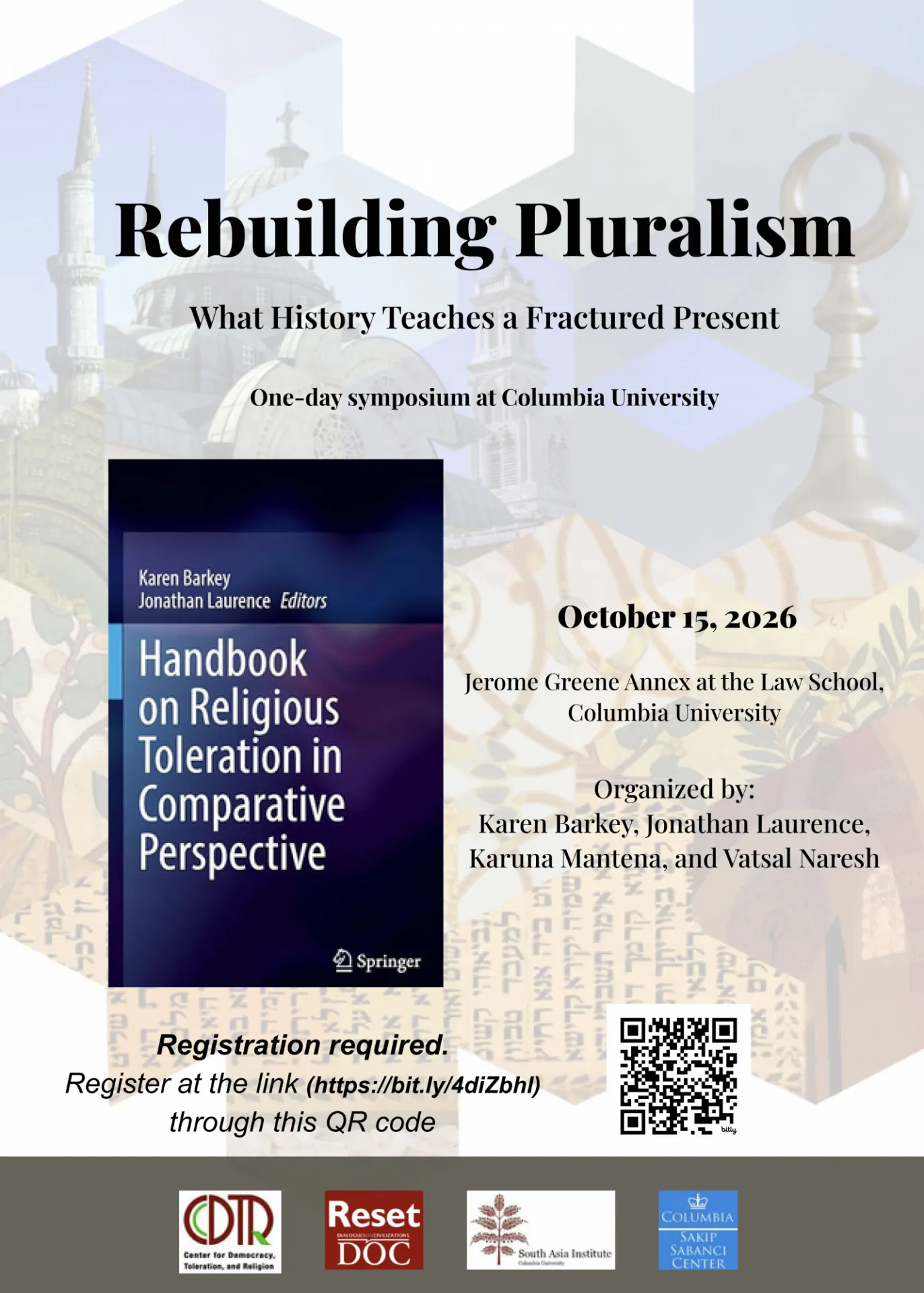 “Event flyer for ‘Rebuilding Pluralism: What History Teaches a Fractured Present,’ a symposium on the Handbook on Religious Toleration in Comparative Perspective. October 15, 2026, Jerome Greene Annex, Columbia Law School. Registration required.”